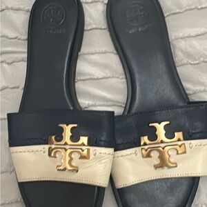 Tory Burch Black Leather Slide Sandals with Gold Accent